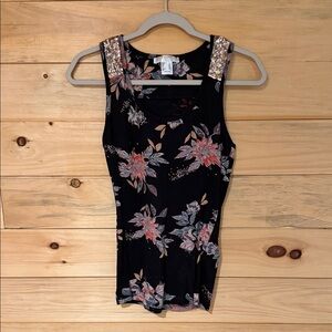 VENUS Black and Pink Floral Tank Top with Sequin Shoulders